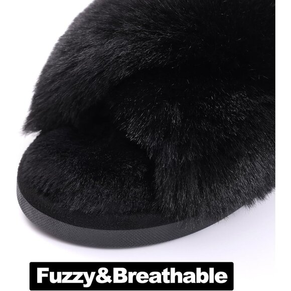 Women's Black Fuzzy Slippers Cross Band Memory Foam Faux-fur Open Toe Shoes - Picture 5 of 9